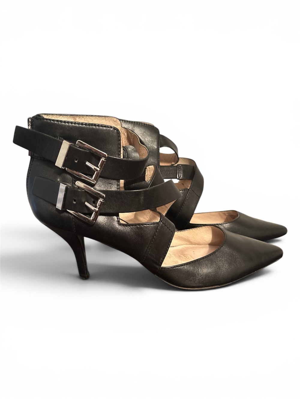 MICHAEL Michael Kors Black Pointed-Toe Strappy Heels with Double Buckle & Zipper